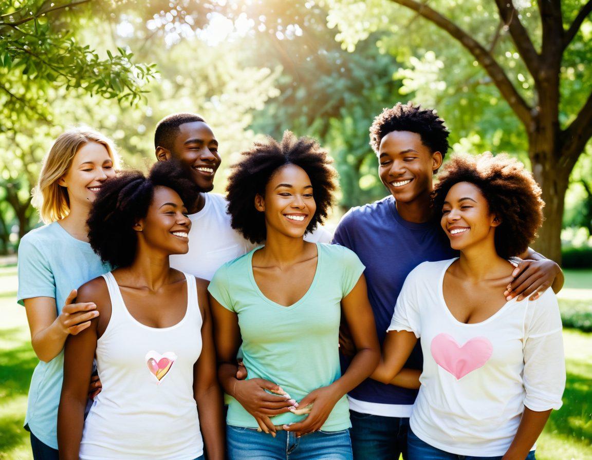 A diverse group of people sharing warm embraces in a lush, green park, surrounded by blooming flowers and sunlight filtering through the trees. Incorporate symbols of emotional wellness like hearts and gentle waves in the background, illustrating affection and connection. The warm smiles and gestures reflect genuine relationships and support. soft focus. vibrant colors. natural scenery.