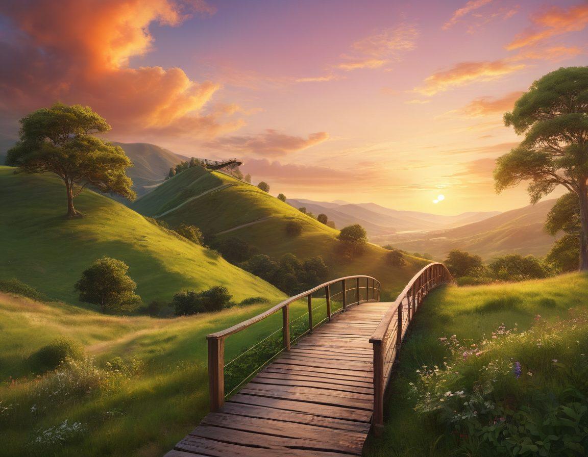 A serene landscape featuring a beautifully designed bridge connecting two lush green hills, symbolizing connection. On one side, a diverse group of people engaging in heartfelt conversations, showcasing meaningful relationships, while on the other side, individuals meditating, representing psychological health. The sky is painted in warm sunset colors to evoke a sense of peace and hope. super-realistic. vibrant colors. soft background.